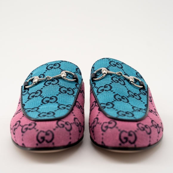 size 35.5G 5.5 US Gucci Princetown Blue Pink GG Canvas Mules Slipper Sandals - Picture 2 of 11